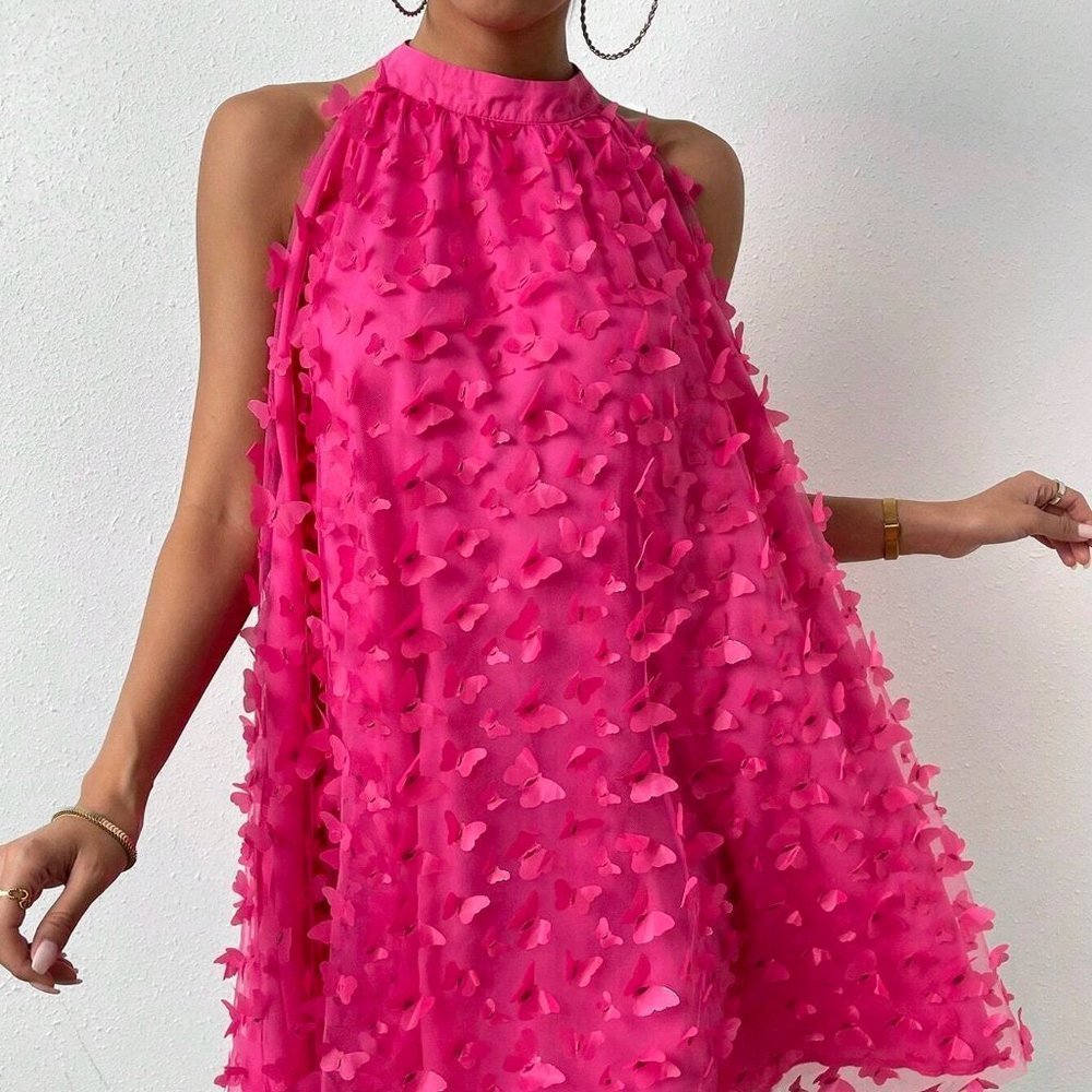 Pink Boho Womens Butterfly Appliques Mesh Overlay Halter Neck Dress - Picture 5 of 5